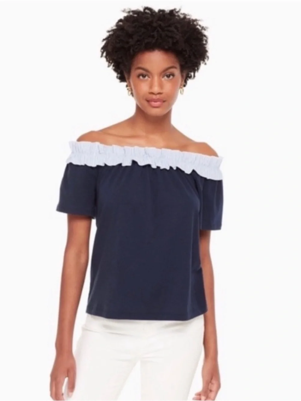 Kate Spade Off-the-Shoulder Ruffle Top in Navy and Light Blue